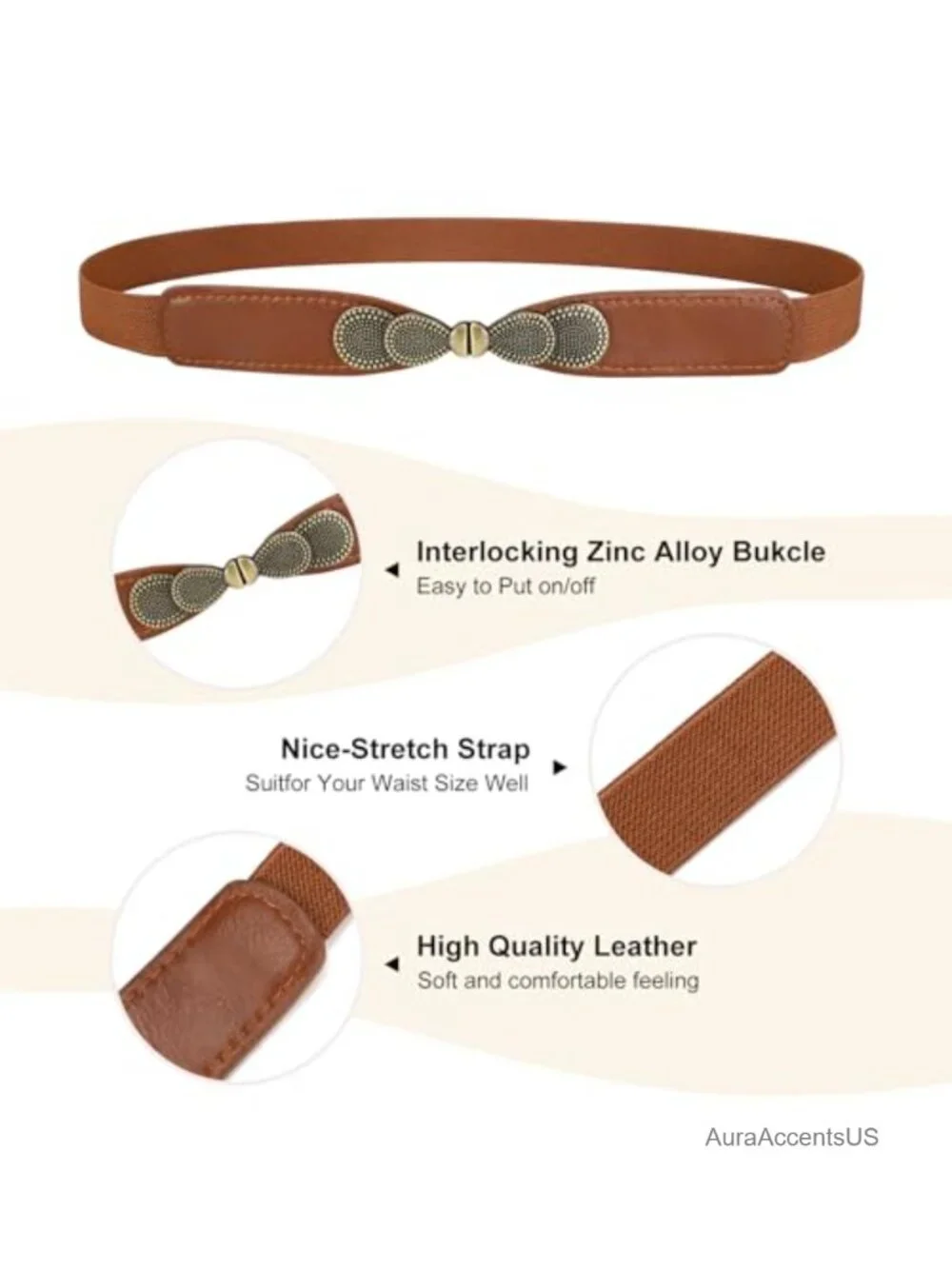 Women Skinny Elastic Stretch Belt Retro Metal Buckle Waist Belt for Dresses